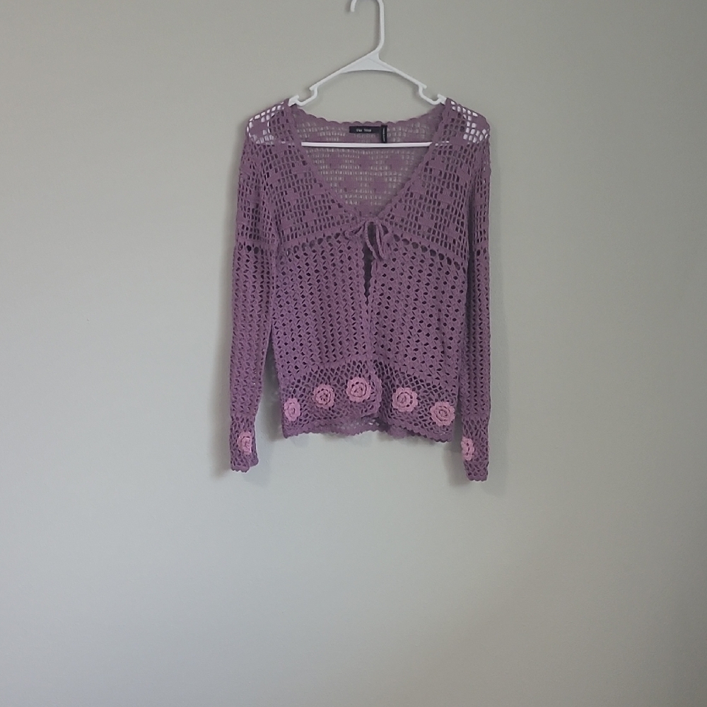 Open-Knit Lilac Crochet Cardigan with Floral Trim